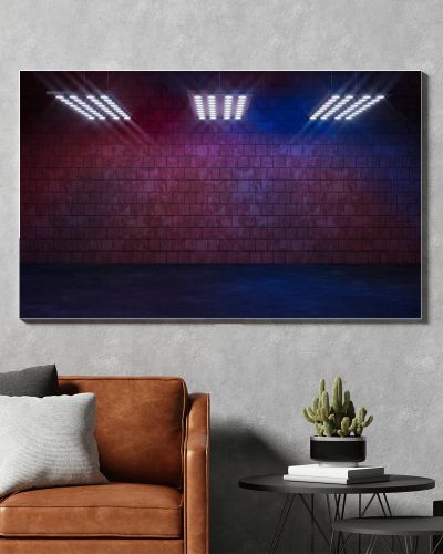 Dark brick room with top light, 3d rendering. Computer digital drawing.
