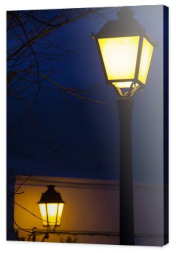 Traditional european streetlight pole lit at night