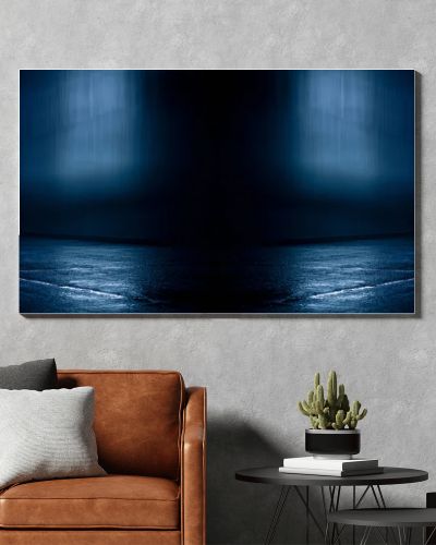 Dark street, wet asphalt, reflections of rays in the water. Abstract dark blue background, smoke, smog. Empty dark scene, neon light, spotlights. Concrete floor