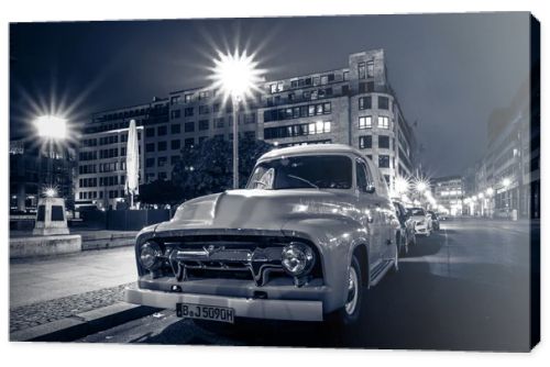 Full-size pickup truck Ford F100 Panel Van, 1953 (second generation) on the night street