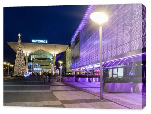 The newly created Galeria Katowice and railway station  in Katowice decorated by the christmas lights