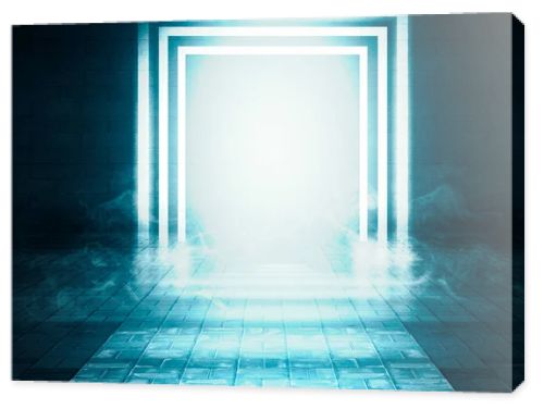 The background of an empty room with brick walls and concrete floor tiles. Blue neon light, spotlight, laser figures, smoke