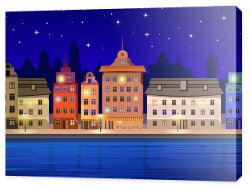 Urban landscape at night. Ancient houses on the waterfront. Flat design.