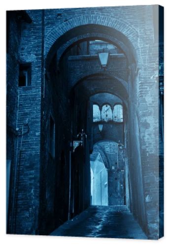 Street view with old buildings and archway in Siena, Italy.