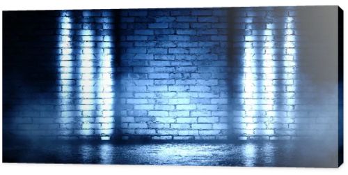 Background of empty brick wall, concrete floor, neon light, searchlight rays, smoke, smog