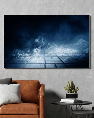 Background of empty dark street. Concrete floor, asphalt, lights, smoke, glow