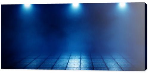 Background of an empty foggy street with a wet paving slab, smoke, illuminated by a searchlight, neon light and laser beams