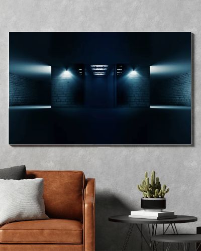 Background of empty room with brick walls and concrete concrete tiles. Open elevator doors. Neon light, spotlight, laser shapes, smoke