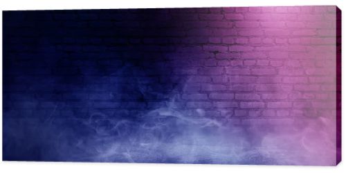 Background of empty brick old wall, spotlight, neon light, smoke