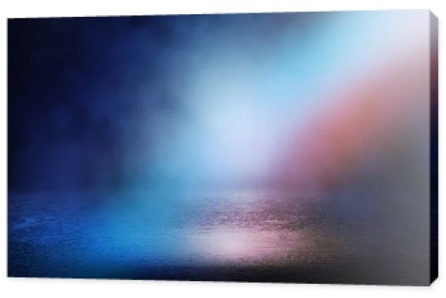 Dark empty stage, blue and orange neon spotlight, wet asphalt, s