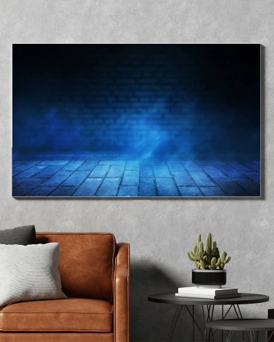 Empty scene background. Background of blurred old brick wall, neon spotlight, fog