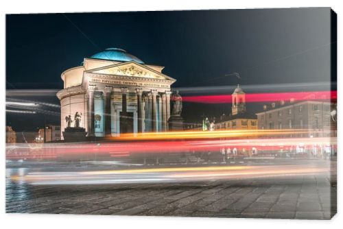 Famous church in Turin, Gran Madre di Dio, traffic jam in the old town