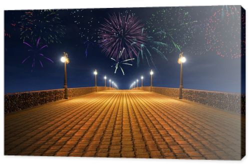 Night fireworks on the empty bridge