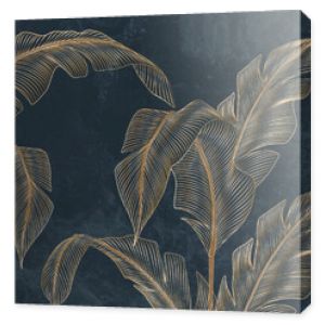 Abstract luxury art background with tropical palm leaves in blue and green colors with golden art line style. Botanical banner with exotic plants for wallpaper design, decor, print, textile