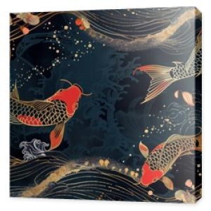 Modern illustration with Sakura flower, ocean wave, and koi carp fish in Oriental style. Japanese illustration with golden texture. Modern illustration with Sakura flower, ocean wave, and koi carp