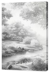 A beautiful pencil drawing of a forest with a stream running through it