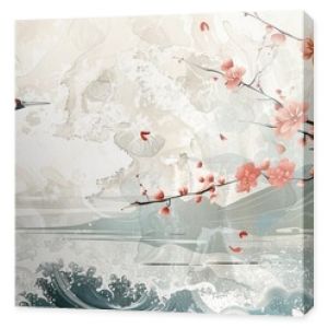 Decorative cherry blossom pattern with ocean sea decoration banner design in vintage style. Japanese background with watercolor painting texture.