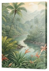 Vintage tropical botanical illustration of a lush jungle paradise