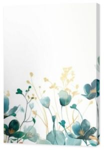 A beautiful watercolor illustration featuring abstract teal and gold flowers on a white background.