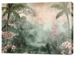 Vintage wallpaper of an exotic forest with toucans, blooming orchids and hidden streams in pastel tones. mural art style. 