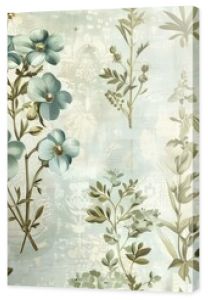 A background pattern of vintage botanical prints featuring wildflowers in muted tones of blue and green, arranged in an elegant, repeating design.