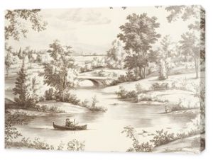 Vintage Landscape with Bridge  River  and Trees