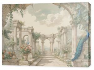 Classical Roman ruins with garden, peacock, bird, botanical tree and flower art prints wallpaper mural for living room decoration