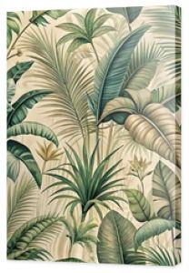 Vintage tropical jungle pattern for seamless wallpaper fabric texture tapestry background in green beige muted colors