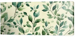 Seamless watercolor pattern featuring green winter leaves branches and mistletoe berries ideal for wedding invitations and seasonal promotions