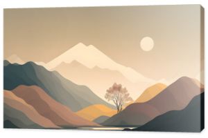 Minimalist landscape scenery wallpaper with single tree. Illustration design in 2D. Generative AI.