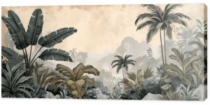 Old retro wallpaper of a lush jungle landscape.