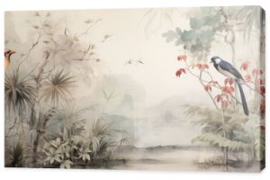 Watercolor pattern wallpaper. Painting of a jungle landscape with birds.