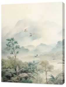 Watercolor pattern wallpaper. Painting of a jungle landscape with birds.