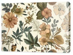 Seamless pattern background featuring a collection of vintage botanical illustrations with flowers and leaves in muted colors - Generative AI