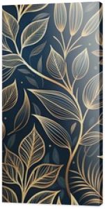 Elegant floral organic texture wallpaper illustration featuring intricate gold line art leaves on a dark, mysterious background with a seamless repeating pattern.