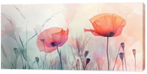 An exquisite and elegant abstract watercolor illustration showcasing vibrant and colorful poppies, making it a perfect choice for spring decor, as well as being an excellent example of botanical art