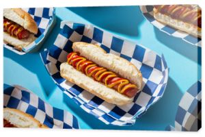 High angle close-up of hot dogs in containers arranged on blue background