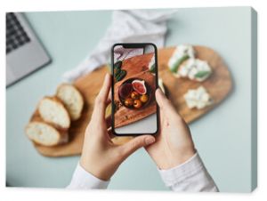 Top view of young woman taking aesthetic photo of food using smartphone in home studio, copy space