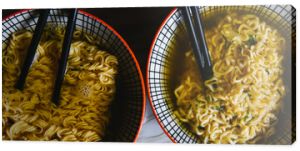 Instant pasta, Japanese and Chinese noodles. Ramen type soup in a plate with chopsticks, junk fast food. Quick-cooking pasta.