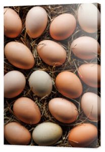 Chicken eggs from an organic farm, top view. Easter background 