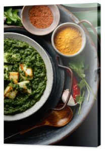 Palak Paneer indian traditional food with cheese and spinach on black background, view from above