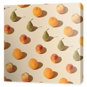 Pattern of colorful fruits on a pastel background. Composition with fresh raw tropical fruit.