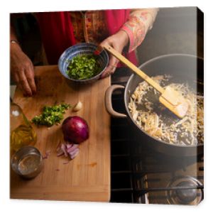 Indian woman's hands working in the kitchen preparing food