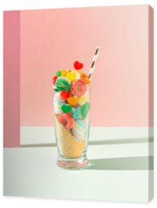 Minimal concept glass full of gummy candies, marshmallows, ground biscuits and straw. Party idea candy shake on pink and pastel green background.