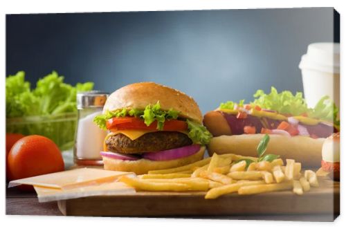 fast food hamburger, hot dog menu with burger, french fries, to