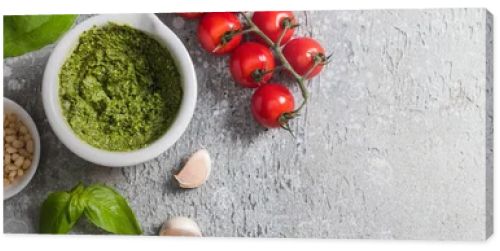 top view of raw tomatoes, garlic, basil, pine nuts, olive oil, pesto sauce on grey surface, panoramic shot