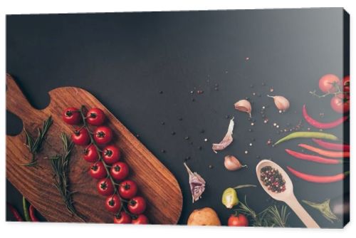 top view of vegetables and spices on gray table