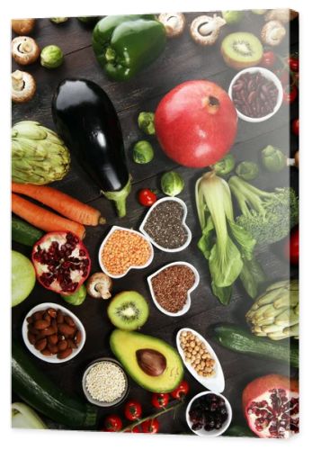 Healthy food clean eating selection. fruit, vegetable, seeds, superfood, cereals, leaf vegetable. veggie or vegan food