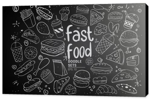 Hand drawn sketch of fast food with lettering. Doodle set, vector illustration.