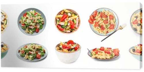 Collage of tasty pasta salads on white background